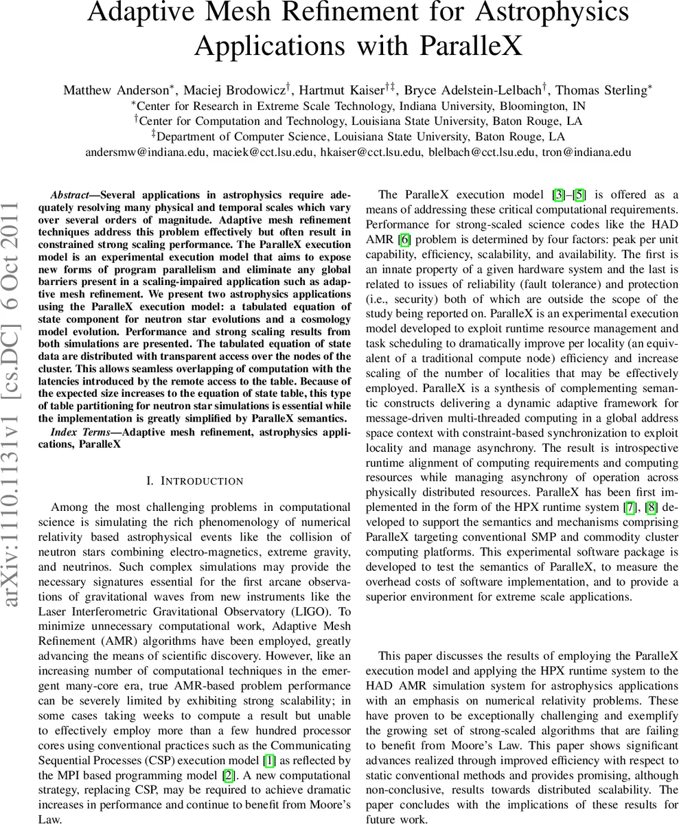 천체물리 적응형 메쉬 정밀화와 ParalleX 실행 모델