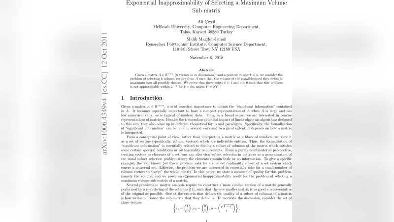 최대 부피 부분 행렬 선택 문제의 지수적 근사 불가능성