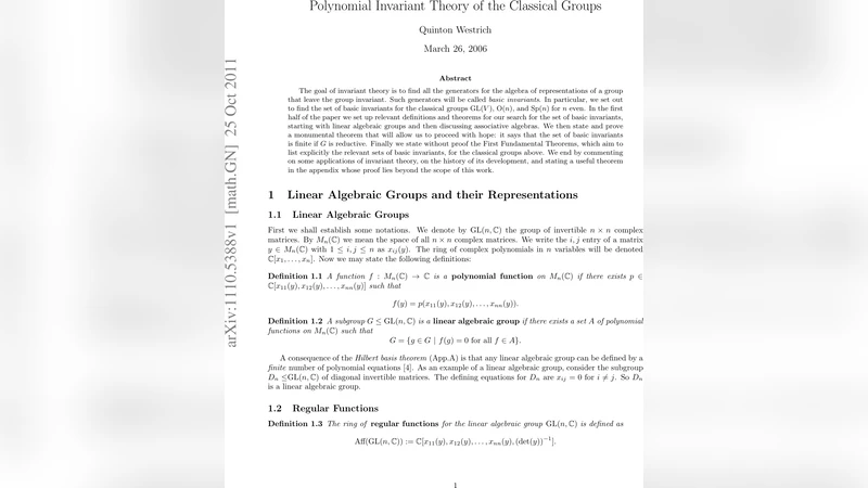클래식 군의 다항식 불변 이론: 기본 불변량과 첫 번째 기본 정리