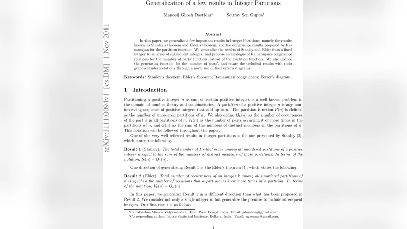 정수 분할의 일반화: 스탠리·엘더 정리와 라마누잔 합동의 새로운 전개