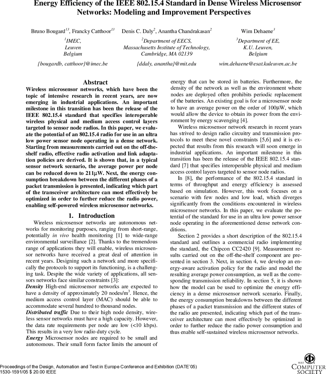 밀집 무선 마이크로센서 네트워크를 위한 IEEE 802.15.4 에너지 효율 혁신