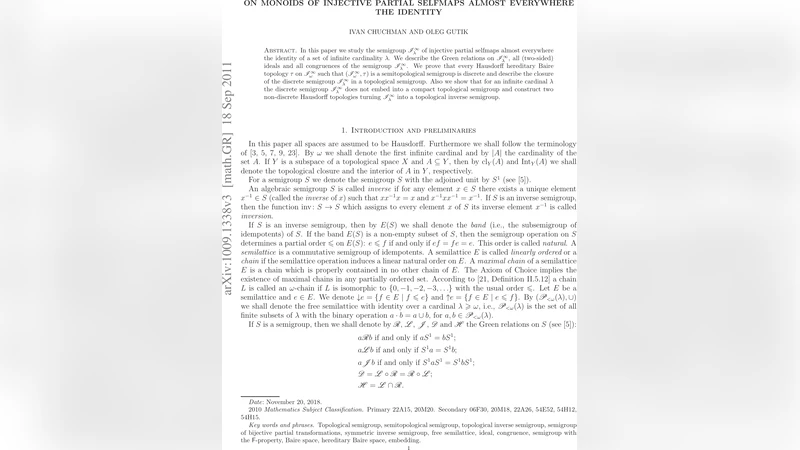 거의 항등인 주입 부분자기함수 모노이드의 구조와 위상적 특성