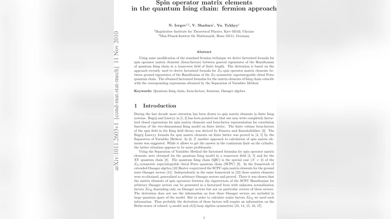 양자 이징 체인에서 스핀 연산자 행렬 원소의 페르미온 접근법