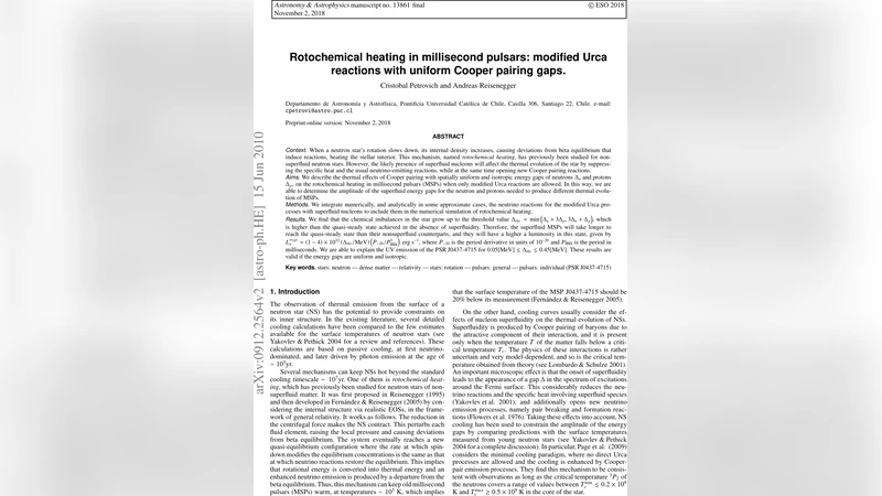 밀리초 펄서 회전화학 가열과 균일 초전도 틈새