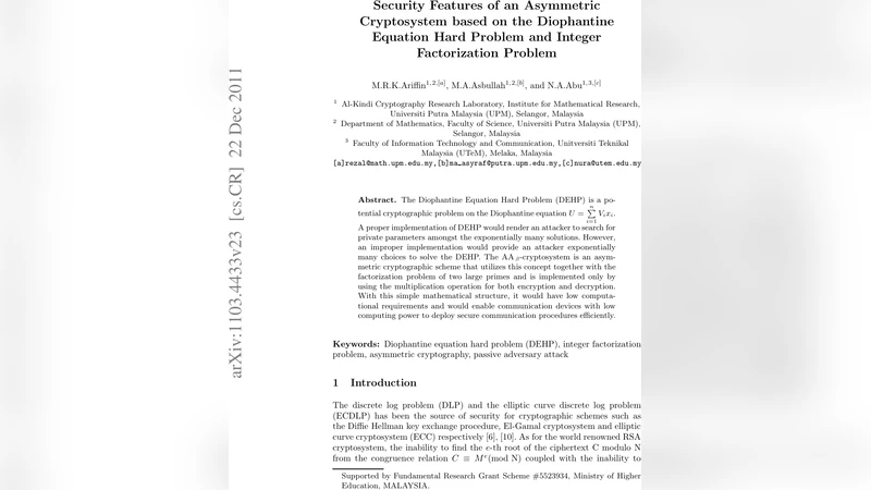 다이어오판트 방정식 기반 비대칭 암호 시스템 보안 분석