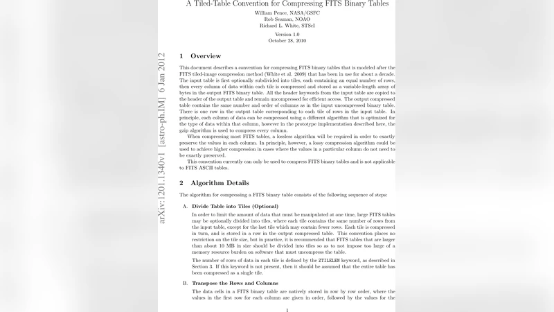 FITS 바이너리 테이블 압축을 위한 타일드 테이블 규격