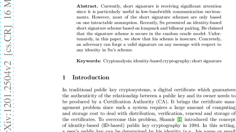 향상된 단축 서명 체계 보안 취약점 분석