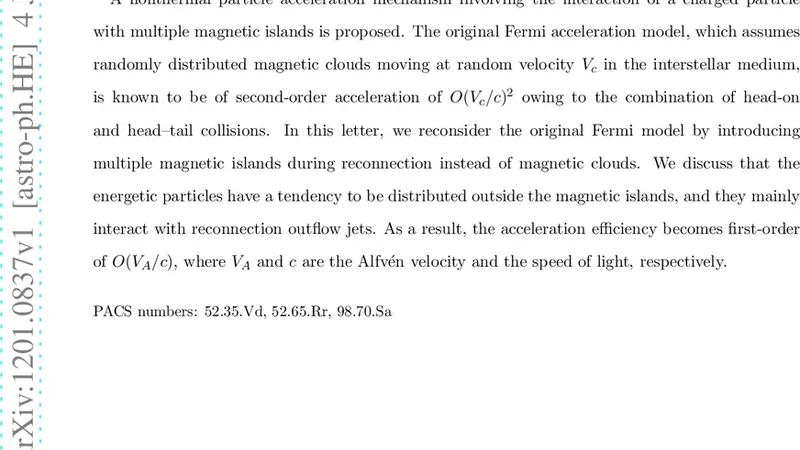 재결합 중 다중 자기섬에서의 확률적 입자 가속