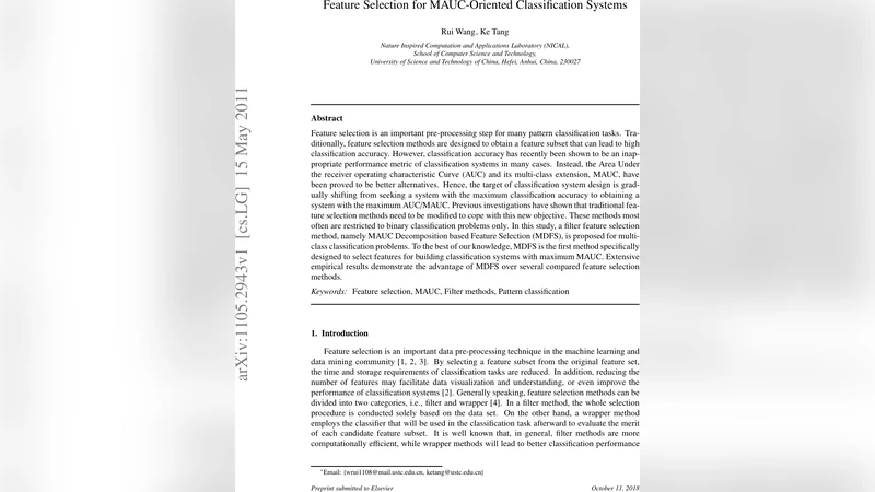 MAUC 기반 다중 클래스 분류를 위한 새로운 필터형 특징 선택 기법