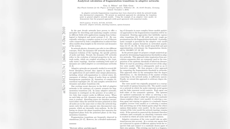 적응형 네트워크의 파편화 전이 분석적 계산법