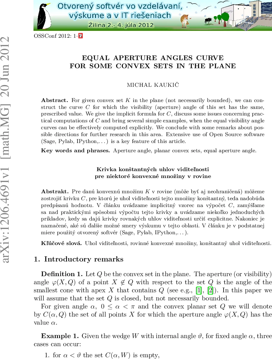 평면 내 일부 볼록 집합에 대한 동일 시야각 곡선