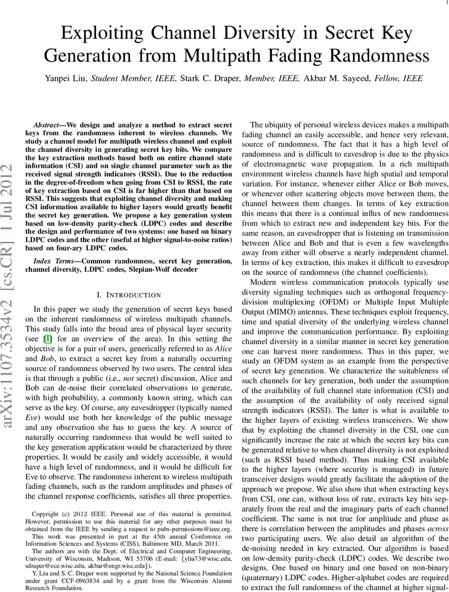 다중경로 페이딩을 이용한 비밀키 생성의 채널 다양성 활용
