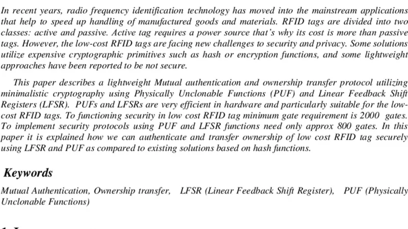 초저가 RFID를 위한 경량 상호인증 및 소유권 이전 프로토콜