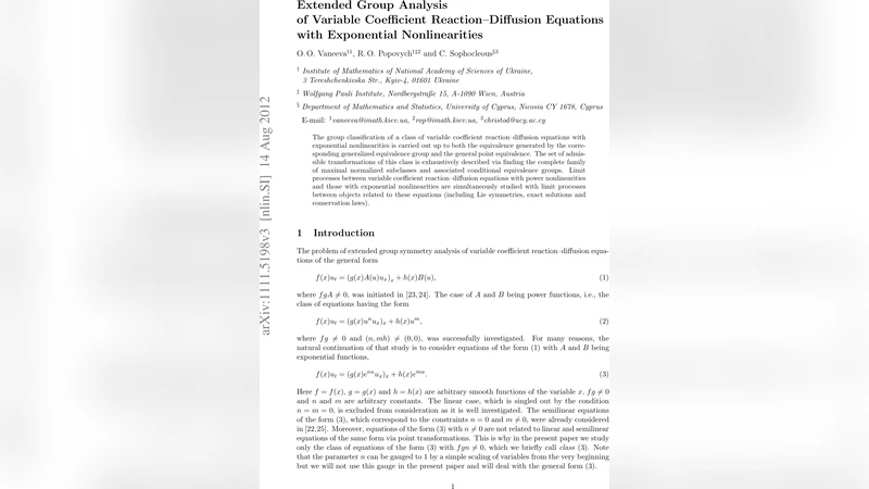 가변계수 반응‑확산 방정식의 지수형 비선형성에 대한 확장 군분석