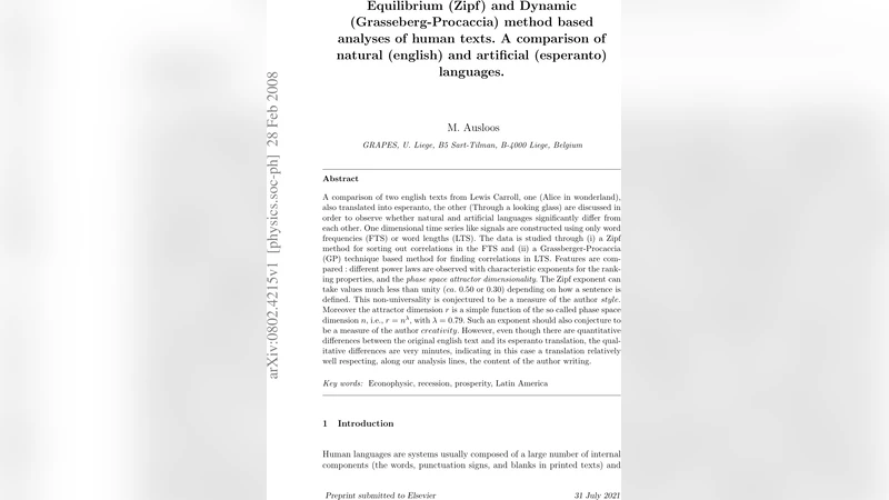 자연어와 인공어의 통계적 차이: 영어와 에스페란토 텍스트의 Zipf·Grassberger‑Procaccia 분석