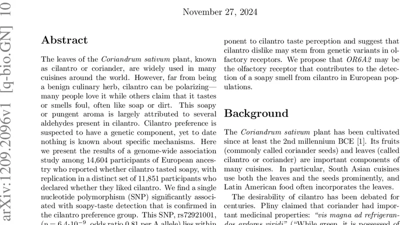 올리브산 수용체 유전자 변이가 고수(시라리) 선호도에 미치는 영향