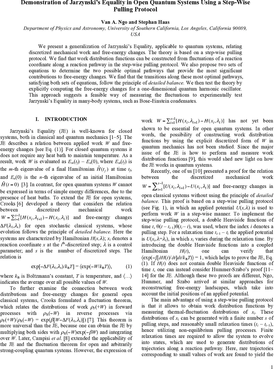 양자 개방계에서 단계적 당김 프로토콜을 이용한 자르니키스 등식 검증