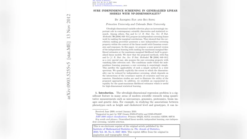 일반화 선형 모델에서 초고차원 변수 선택을 위한 확실한 독립 스크리닝
