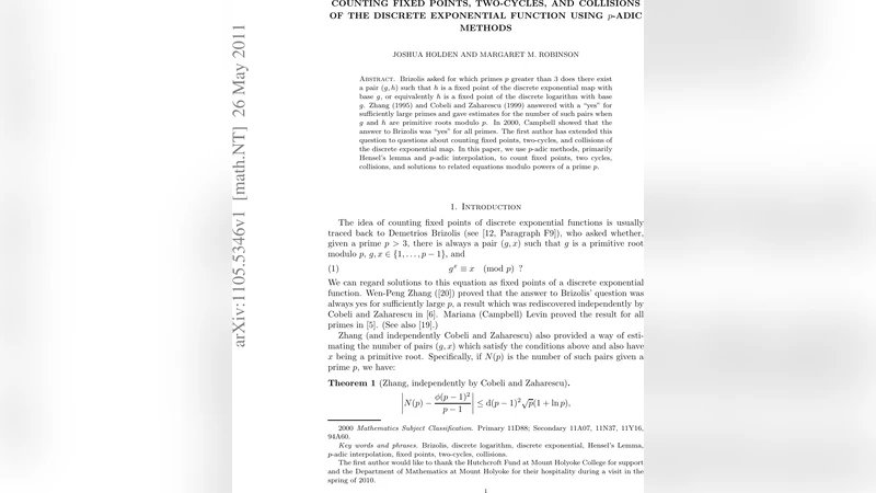 이산 지수함수의 고정점·두 사이클·충돌을 p 진법으로 세다
