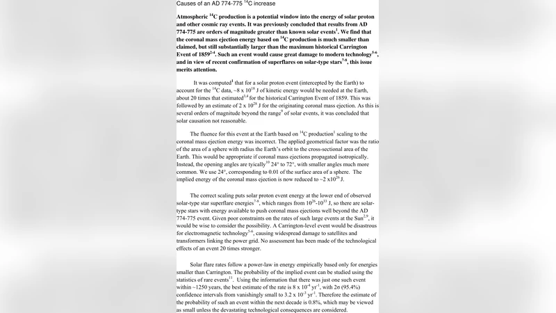 AD 774‑775 연대 ¹⁴C 급증의 원인 재조명: 태양 플레어와 CME 에너지 재평가