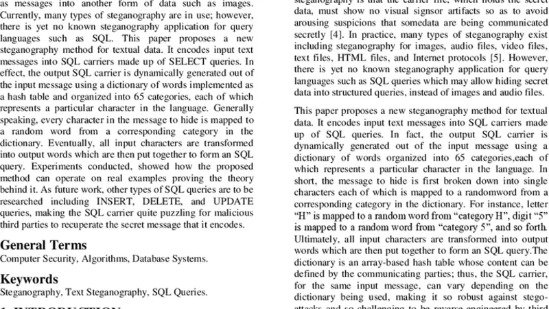 SQL 쿼리 기반 텍스트 스테가노그래피 문자 단어 매핑 기법