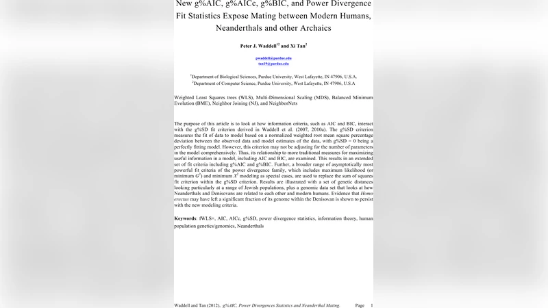 새로운 gAIC와 gAICc, gBIC 및 파워 다이버전스 적합 통계가 현대인·네안데르탈인·기타 고인류 간 교배를 밝히다