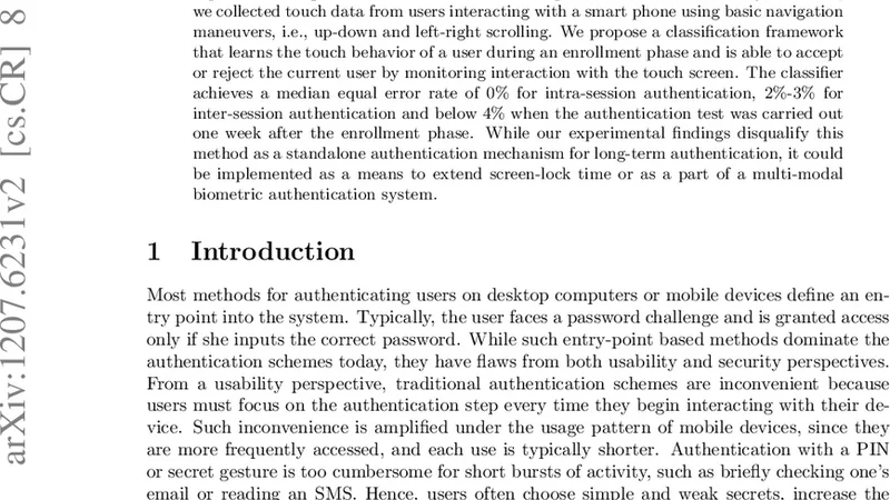 터치스크린 행동 바이오메트릭을 이용한 연속 인증 연구