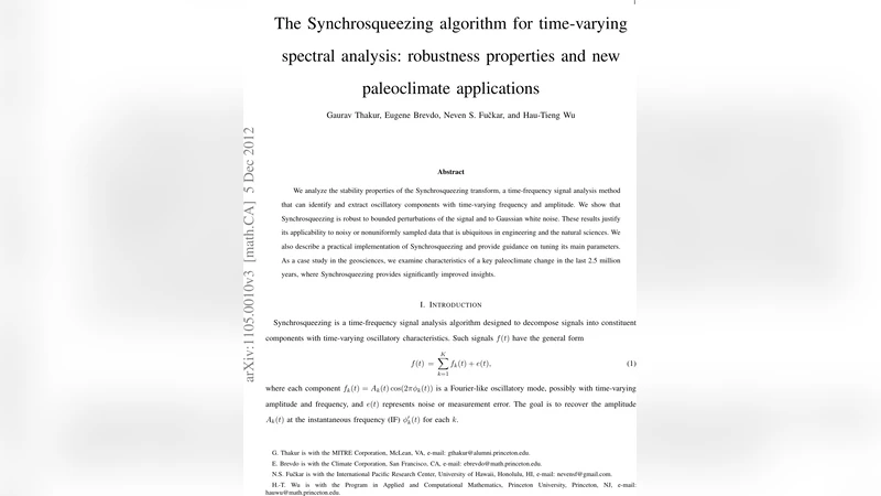 시간 가변 스펙트럼 분석을 위한 동기압축 알고리즘: 강인성 및 고대기후 적용