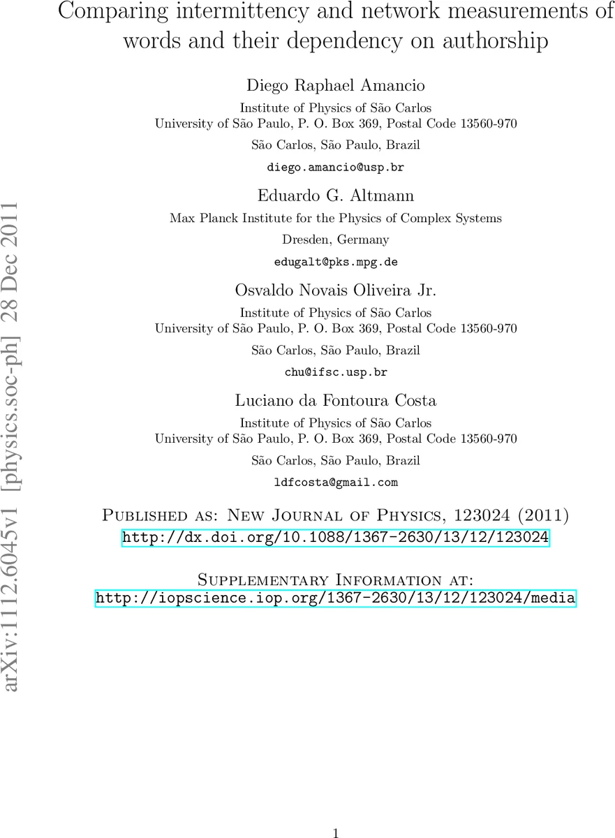 저자 스타일에 따른 단어 네트워크와 간헐성 측정 비교 연구