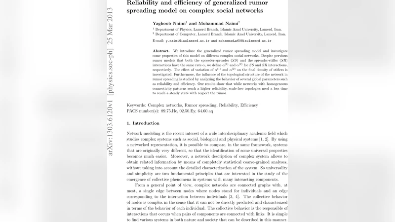 복합 사회망에서 일반화된 루머 전파 모델의 신뢰도와 효율성 분석