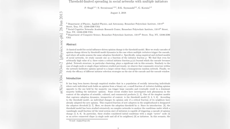 클러스터링이 풍부한 사회망에서 다중 시작자에 의한 임계값 제한 전파