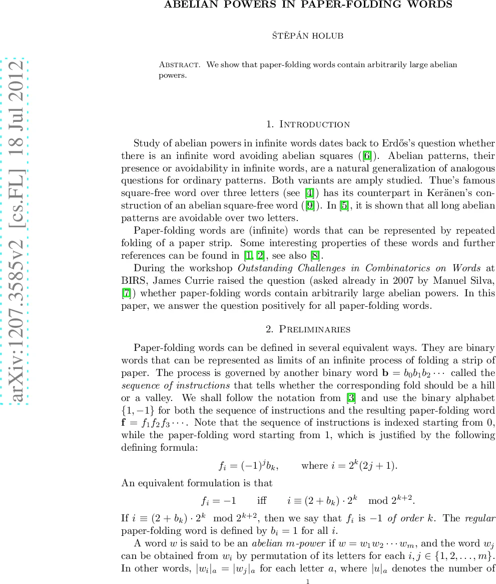 종이접기 문자열에 무한한 아벨리안 멱 존재