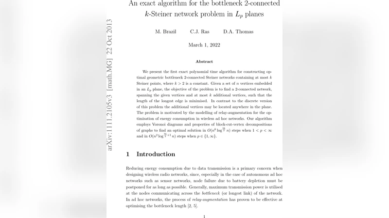 L p 평면에서 병목 2‑연결 k‑스테이너 네트워크의 정확 알고리즘