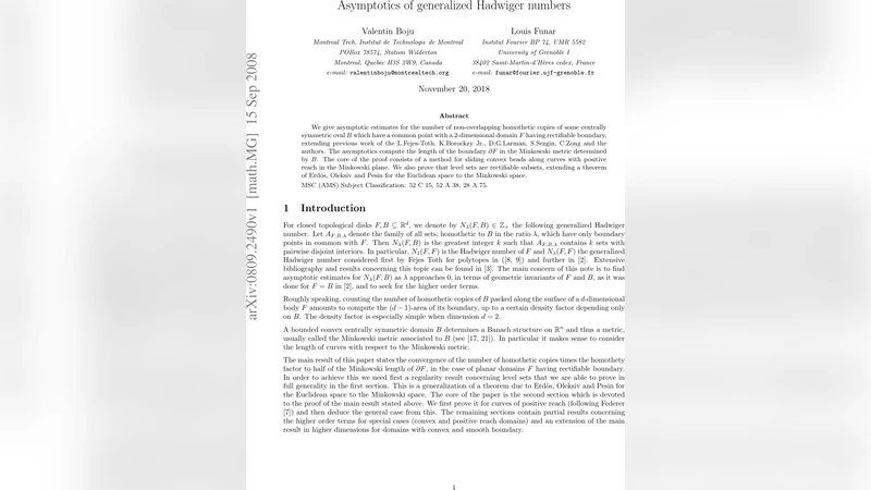 일반화된 하드위거 수의 점근적 행동과 미분형 거리