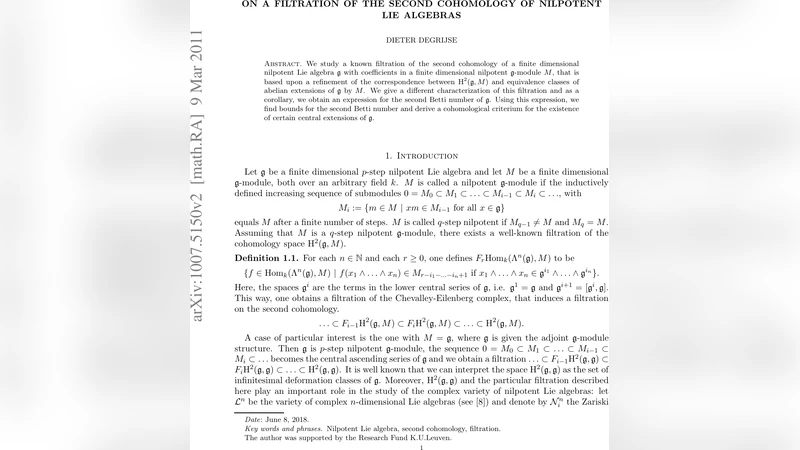 니얼포트 리 대수의 두 번째 코호몰로지 필터레이션 연구