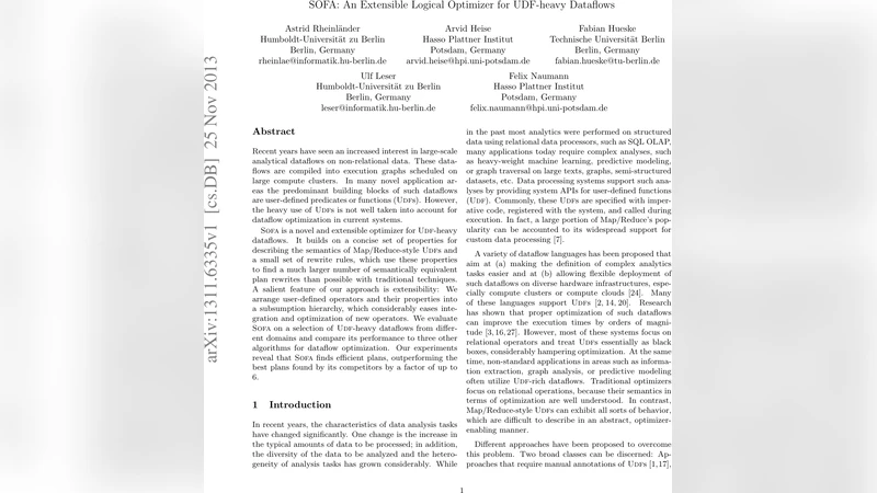 UDF 중심 데이터플로우 최적화를 위한 확장 가능한 논리 옵티마이저 SOFA