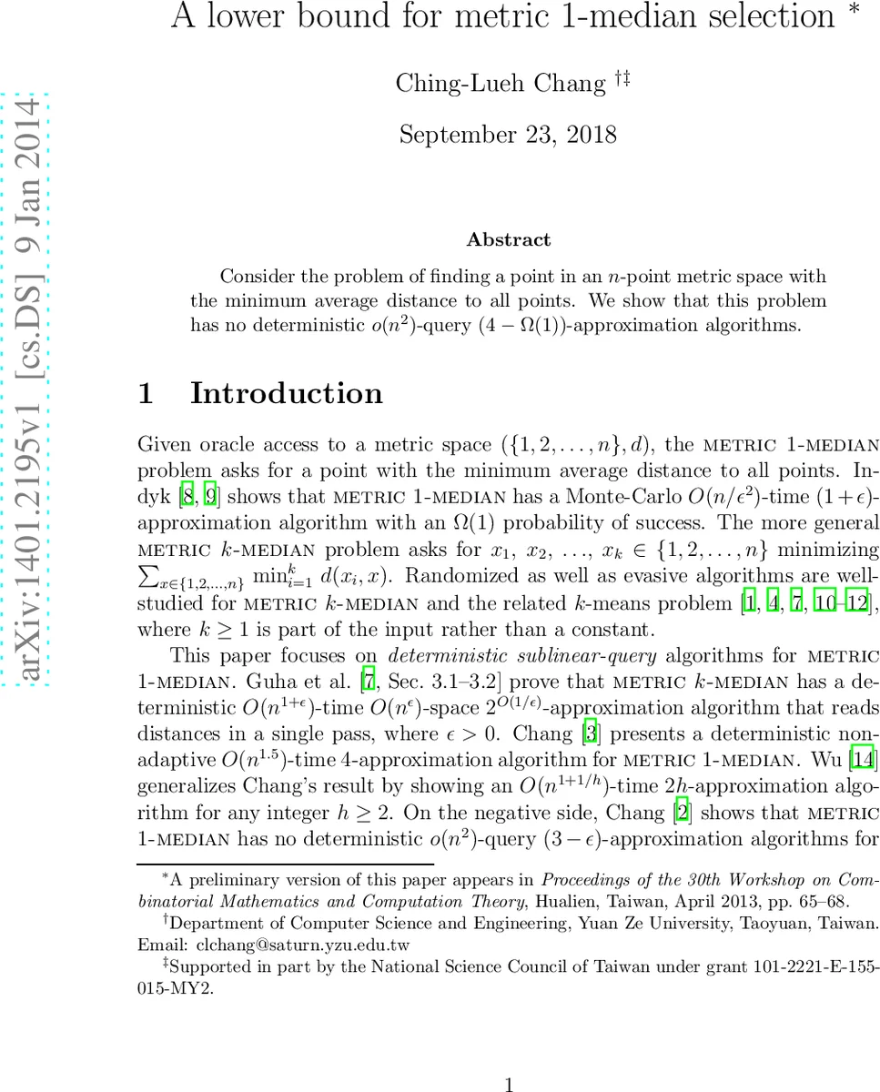 메트릭 1‑중앙점 선택의 결정적 하한: 4배 근사 불가