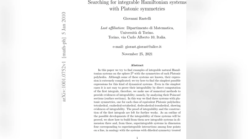 플라톤 다면체 대칭을 가진 적분가능 해밀토니안 시스템 탐색