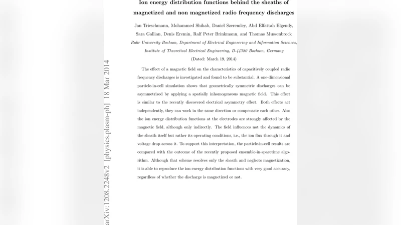 자기장이 적용된 RF 방전에서 전극 뒤 이온 에너지 분포의 새로운 이해