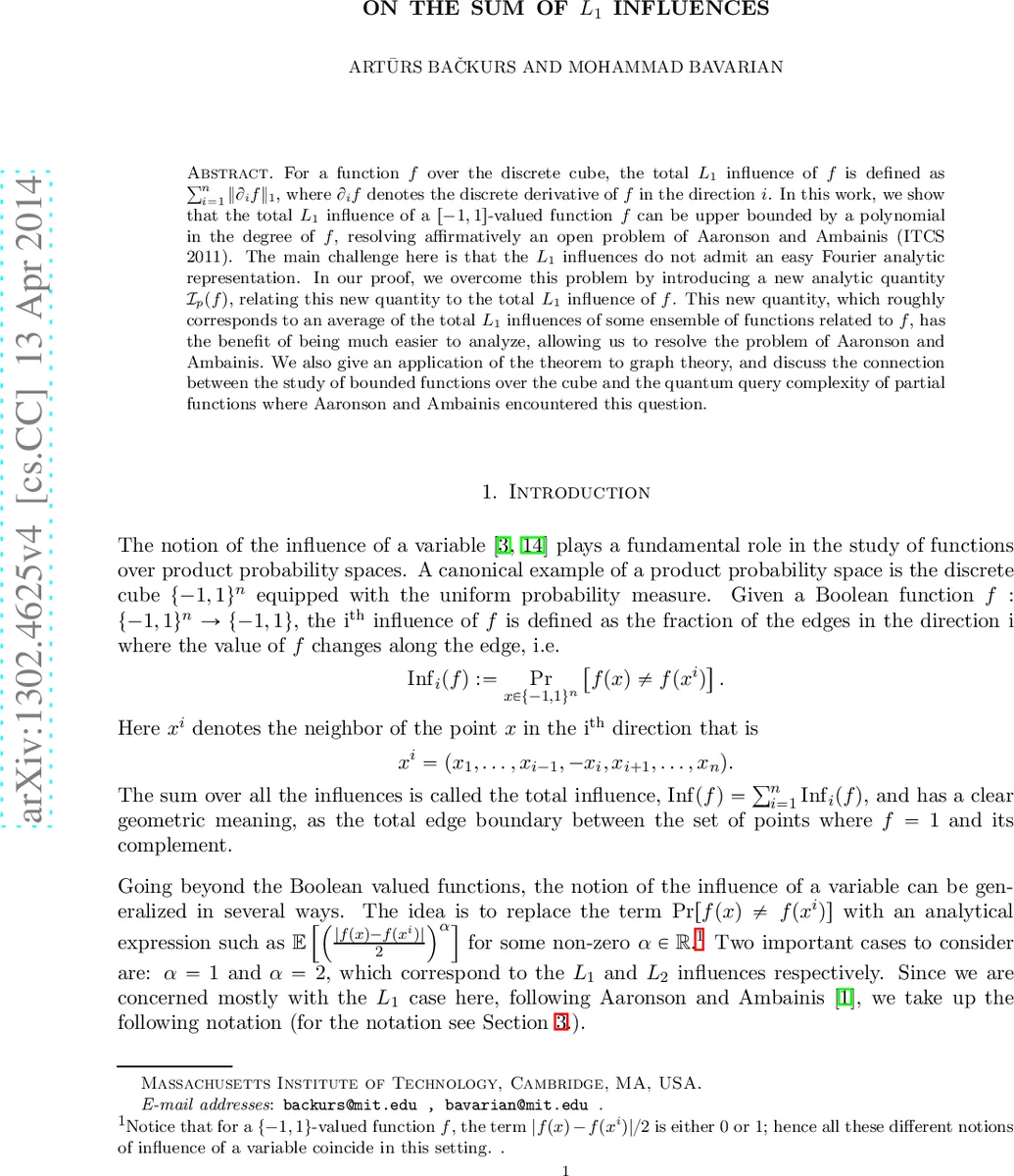 이산 입방체 함수의 L1 인플루언스와 차수 사이의 다항식 상한