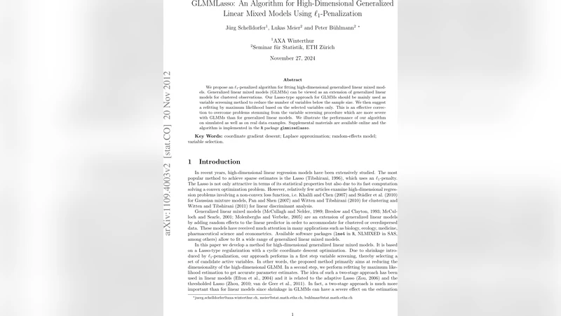 고차원 일반화 선형 혼합 모델을 위한 L1 패널티 알고리즘 GLMMLasso