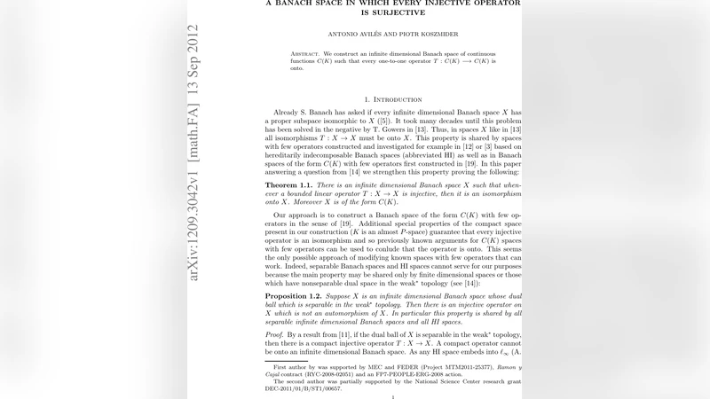 모든 일대일 연산자가 전사인 Banach 공간