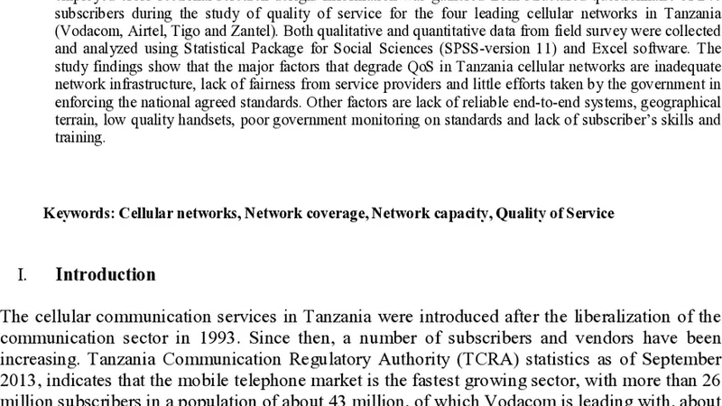 탄자니아 셀룰러 네트워크 QoS에 영향을 미치는 요인