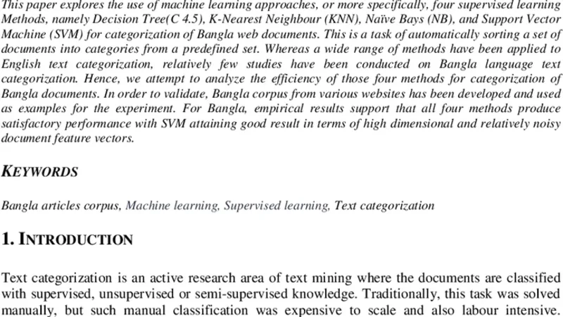 방글라 웹 문서 분류를 위한 지도학습 방법