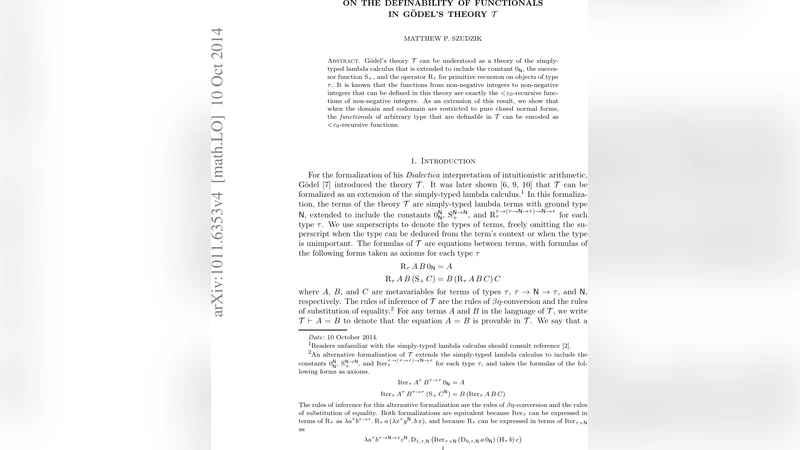 Gödel 이론 T에서 함수형 정의 가능성 연구
