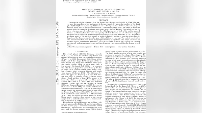 하우메아 위성들의 궤도와 질량 정밀 분석