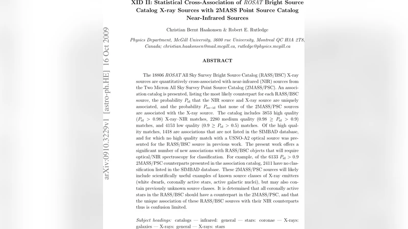ROSAT X선과 2MASS 근적외선의 정밀 교차연관 새로운 천체 식별과 통계적 매칭