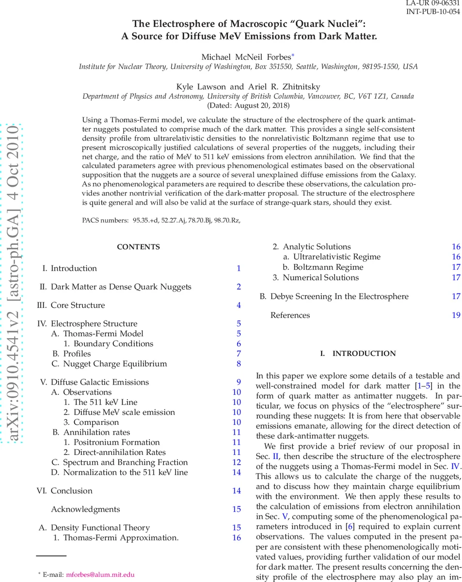 거대 쿼크 핵 전자구의 구조와 은하 확산 MeV 방출