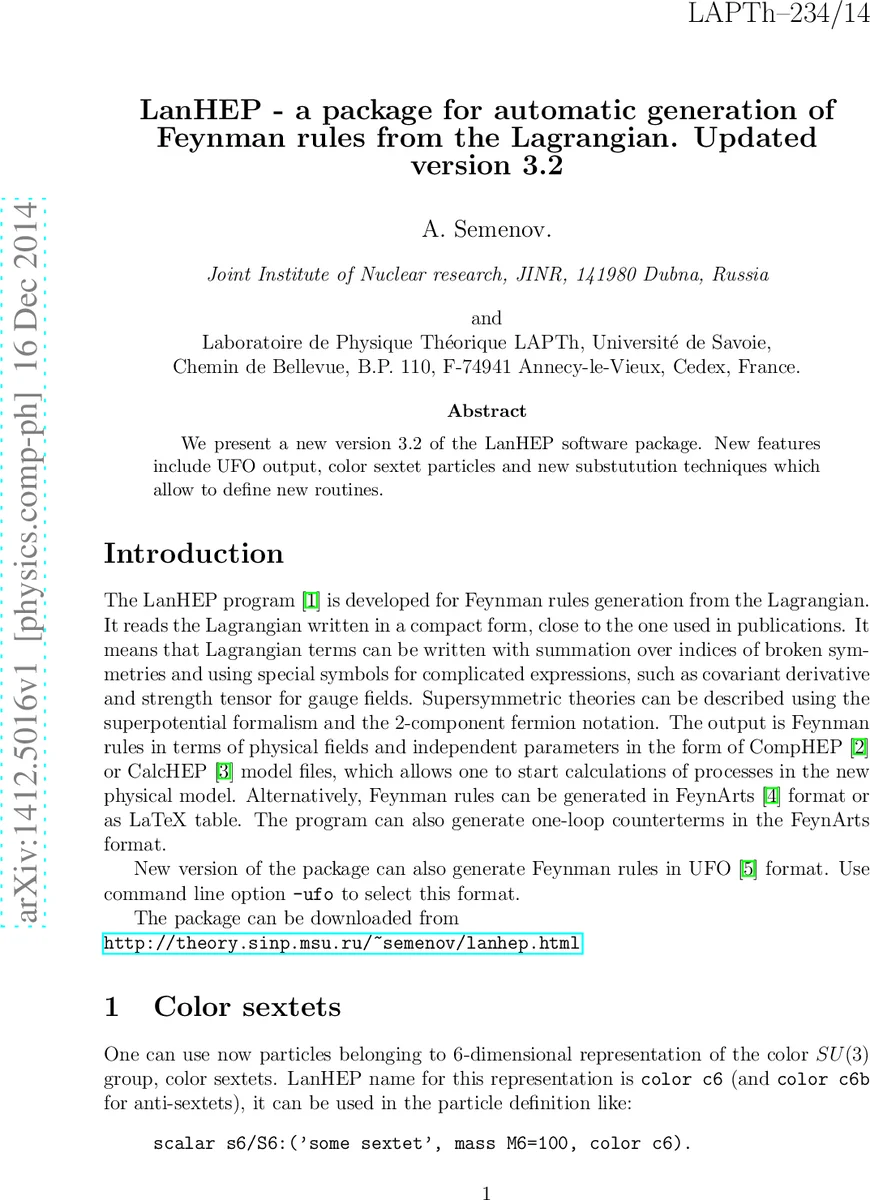 라그랑지안에서 페인먼 규칙 자동 생성기 LanHEP의 새로운 업데이트