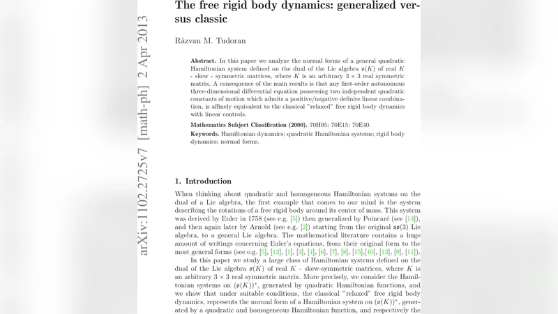 일반화된 자유강체 역학과 고전형의 정규형 연구